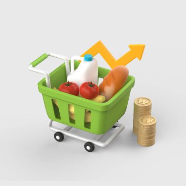 3D object next to a shopping cart containing household goods food rising arrows clipart