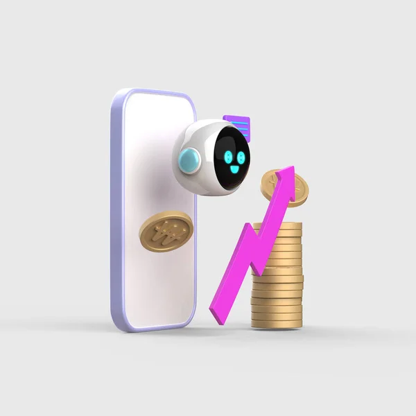 Telefon Komórkowy Robot Obiekt Rosnącymi Strzałkami Ułożone Monety — Zdjęcie stockowe