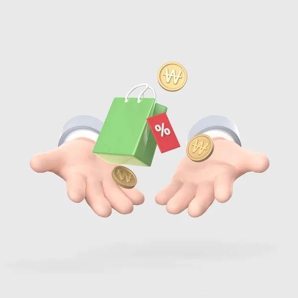 Shopping bags and coin percentage and open hand 3d object