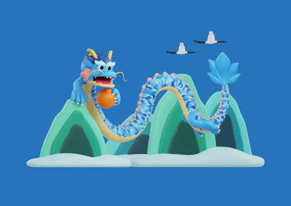 Dragón Azul Con Grúas Volando Sosteniendo Sidra Frente Fondo Montaña —  Fotos de Stock
