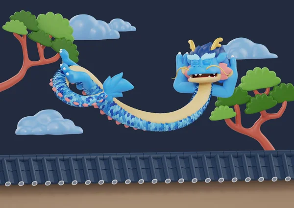 Dragão Azul Flutuando Telhado Azulejos Entre Árvores Nuvens — Fotografia de Stock