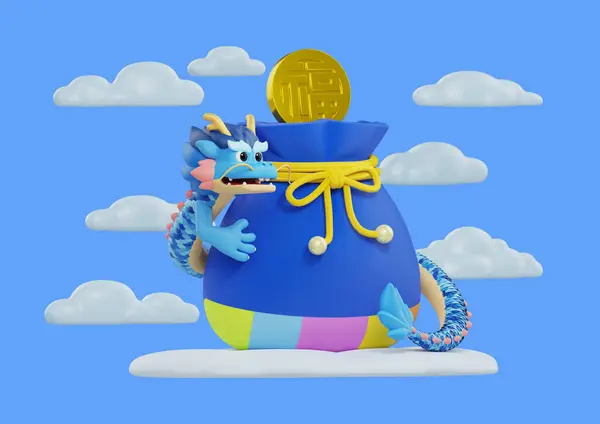 Blue Dragon Wrapping Cloud Background and Lucky Bags