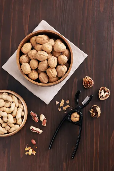 Peanuts Walnuts Filled Bowl Nutcracker Next — Stock Photo, Image
