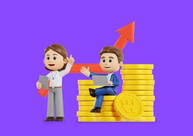 A business man and woman are posing with coins. clipart