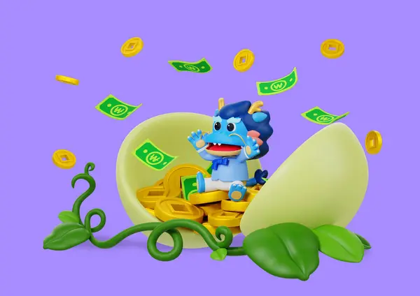 A dragon character with cash and gold money in the gourd
