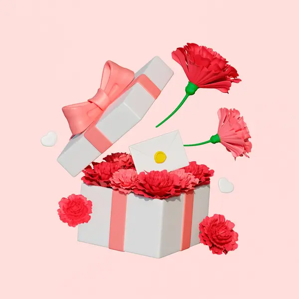 Bunga Anyelir Dan Surat Mencuat Dari Kotak Hadiah — Stok Foto