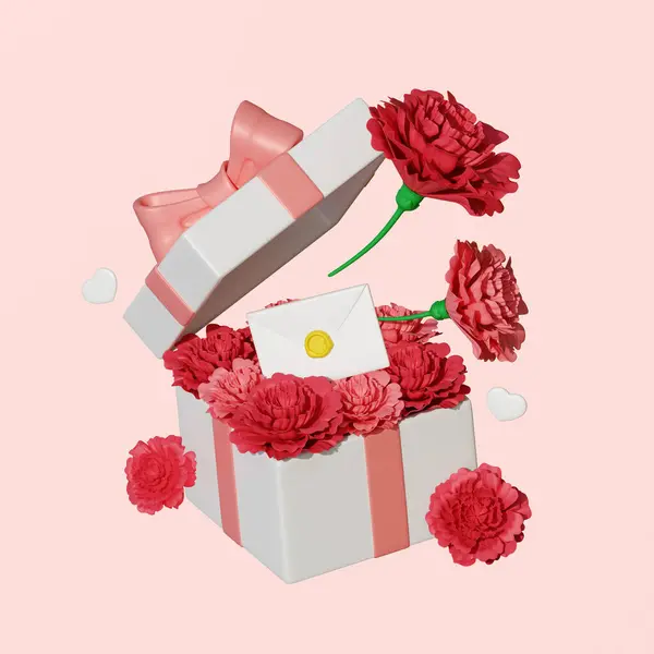 Cravo Flores Carta Saindo Caixa Presente — Fotografia de Stock