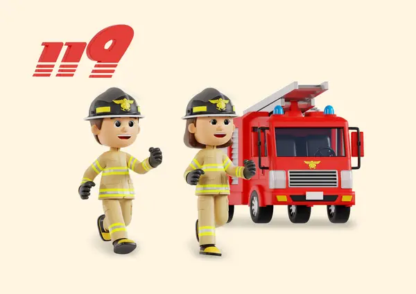 消防車と消防士の3Dグラフィックが報告され 派遣される — ストック写真