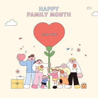 Dad, mom, baby, grandmother and grandfather are waving with carnations, boy and girl are making heart poses, notepad and balloon family month illustration with forest background clipart