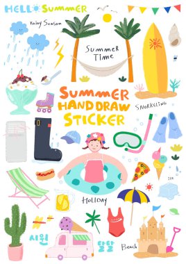 Various summer objects and person stickers clipart