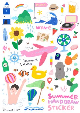 Various summer objects and person stickers clipart