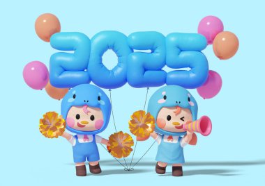 Children holding cheering tools in front of 2025 number balloons clipart