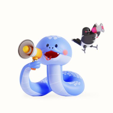 A snake and a magpie shouting with a megaphone clipart