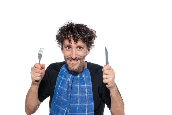 中年男人 脖子上挂着刀叉和餐巾 准备吃东西 背景为白色 — 图库照片#