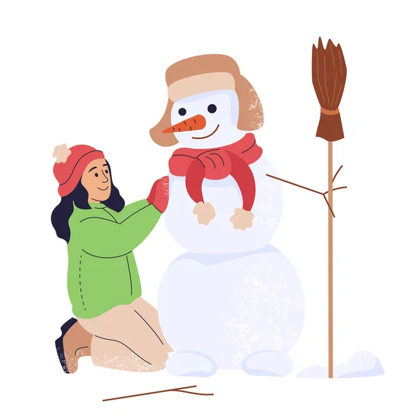 Улыбающаяся Девушка Верхней Одежде Строит Снеговика Ребенок Играет Один Свежем — стоковый вектор
