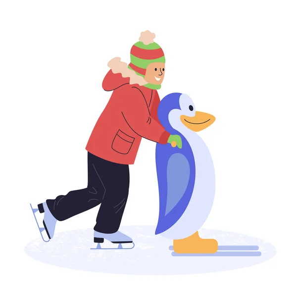 Szczęśliwy Mały Chłopiec Jeżdżący Lodowisku Wsparciem Pingwina Świeżym Powietrzu Zimie — Wektor stockowy