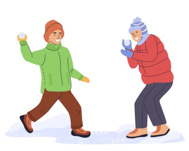 Kar topu savaşında gülümseyen çocuklar. Çocuklar eğleniyor, eğleniyor, heykel yapıyor, kar topu atıyor, kış tatillerinde kış oyunları oynuyorlar. Düz vektör çizimi beyaz arkaplanda izole edildi.