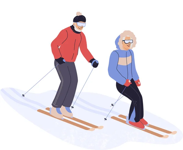 Spor Giyimli Kayakla Gezen Olgun Bir Çift Yaşlı Adam Kadın — Stok Vektör