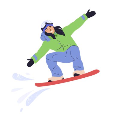 Vektör karikatür kız snowboardcu atlayışı. Snowboard 'da kış sporu yapan genç bir kadın. Çizgi film tarzında düz vektör illüstrasyonu.