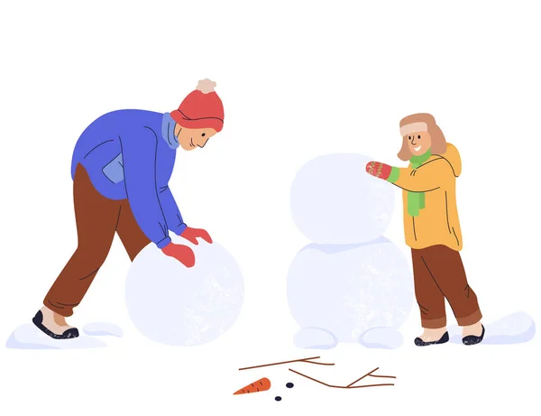 Счастливый Отец Сыном Вместе Строят Снеговика Милая Семья Веселится Зимой — стоковый вектор