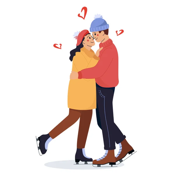 Câlins Hiver Joli Couple Patineurs Embrasse Sourit Couple Amoureux Patinent — Image vectorielle