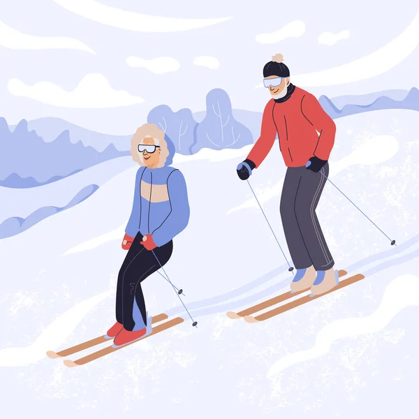 Active Mature Couple Sportswear Ride Ski Eldery Man Woman Enjoying — Stock Vector