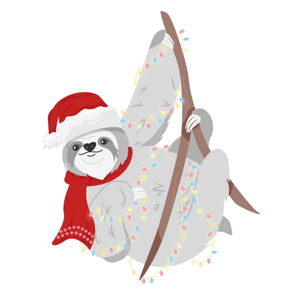 Забавный Ленивец Шляпе Санта Клауса Запутался Новогодней Гирлянде Подходящий Плакат — стоковый вектор