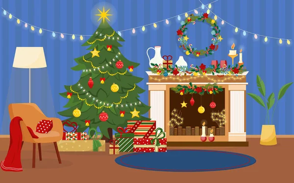 Intérieur Confortable Noël Arbre Noël Avec Décorations Nouvel Cadeaux Guirlande — Image vectorielle