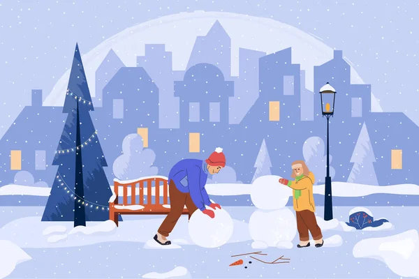 Happy father with son together building snowman. Cute family having fun in winter time holidays. Landscape with Christmas tree, bench in snow in cold freezing weather. Colored flat cartoon vector