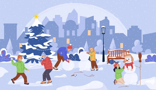 Children and adults play in the snow in the fresh air. Make a snowman, play snowballs. Landscape with Christmas tree, bench in snow in cold freezing weather. Colored flat cartoon vector illustration.
