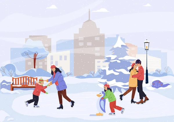 Άνθρωποι Κάνουν Πατινάζ Παγοδρόμιο Χειμώνα Παιδιά Σκέιτερ Κρύο Καιρό Χιόνι — Διανυσματικό Αρχείο