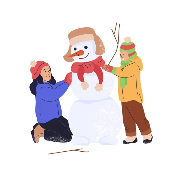 Χαμογελαστό Κορίτσι Αγόρι Που Φτιάχνει Χιονάνθρωπο Παιδιά Που Παίζουν Εξωτερικούς — Διανυσματικό Αρχείο
