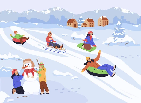 Šťastné Děti Užívají Zimu Sníh Kloužou Svahu Saních Sněžnicích Zimních — Stockový vektor