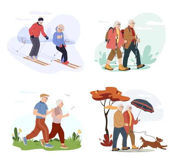 Yaşlı Çiftler Farklı Mevsimlerde Dışarıda Vakit Geçirirler Aktif Emeklilik Çizgi — Stok Vektör
