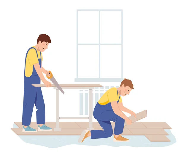 Podlahový Dělník Pokládající Dřevěný Panel Laminátu Profesionální Dodavatelé Instalující Podlahu — Stockový vektor