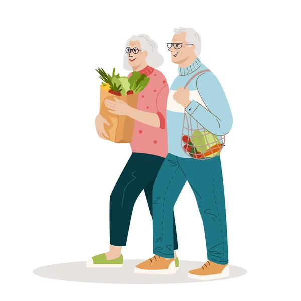 Couple Âgé Mignon Avec Des Légumes Dans Sac Papier Épicerie — Image vectorielle