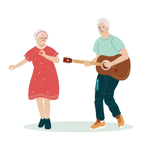 Actif Drôle Vieux Couple Dansant Guitare Les Grands Parents Fêtent — Image vectorielle