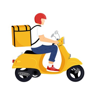 Scooter with delivery man flat vector cartoon character. Fast courier. Restaurant food, mail delivery service, food. Webpage, app design. Isolated on transparent background.
