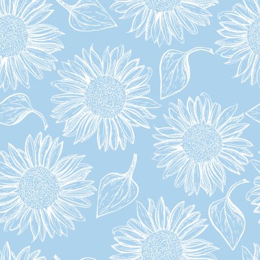 Wonderful seamless pattern. The ornament is drawn by hand. Contour white sunflowers on a sky blue background