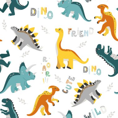 Vector colored seamless repeating children pattern with cute dinosaurs, plants and comic Dino quotes in Scandinavian style on a white background. Baby pattern with dinosaurs