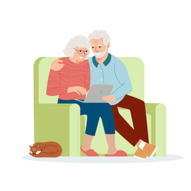 İlerici yaşlılar internet kullanır. Yaşlılar ve teknoloji kavramı. Olgun yaşlı çift birlikte dizüstü bilgisayar kullanarak online vektör illüstrasyonunu öğreniyor.