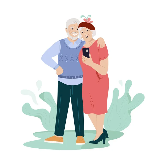 Elderly Couple Taking Selfie Cheerful Grandparents Having Summer Vacation Together — Image vectorielle