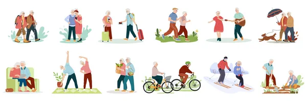 Collection Cute Funny Active Elderly Couples Concept Set Recreational Healthy — Stok Vektör