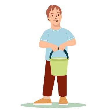 Elinde bir kova suyla mutlu bir çocuk. Beyaz arkaplanda izole edilmiş düz biçimdeki vektör illüstrasyonu. Çocuk bir kova su getirdi ve yetişkinlere yardım etmek için bitkileri sulayacak.