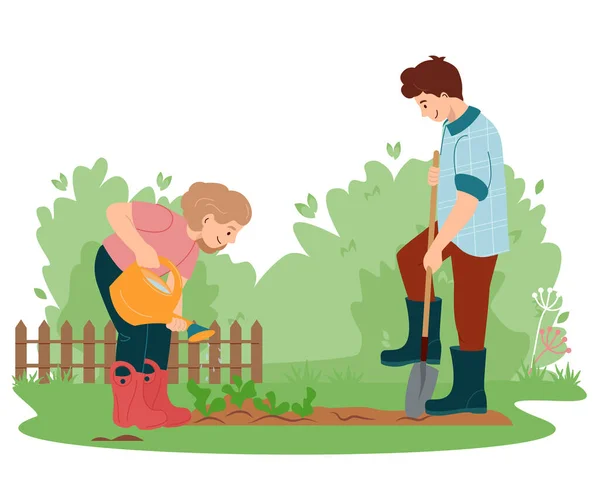 Niño Niña Botas Goma Riego Plantación Primavera Niños Trabajando Jardín — Archivo Imágenes Vectoriales