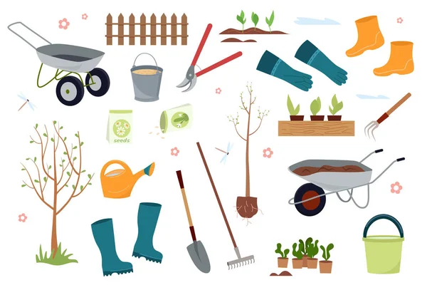 Bahçe için bir takım aletler. Bahçe elementlerinin vektör çizimi: kürek, tırmık, el arabası, bitkiler, sulama, çimen, bahçe eldivenleri, el arabası ve ağaçlar. Bahçecilik konsepti