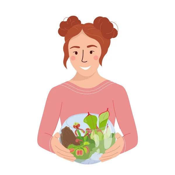 Jeune Fille Avec Florarium Prenant Soin Des Plantes Carnivores Jardin — Image vectorielle