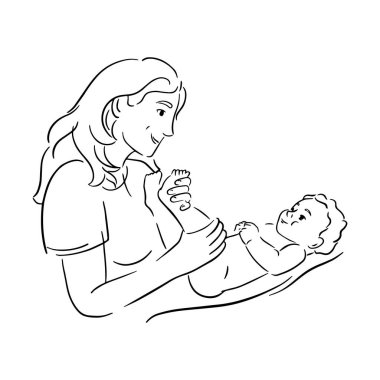 Anne ve çocuk hattı logosu. Bebek bakımı sembolü, masaj süreci. Aile, sağlık ve ilaç amblemi. Ürününüz için tasarım şablonu. Beyaz arkaplanda vektör el çizimi çizgi simgesi çizimi.