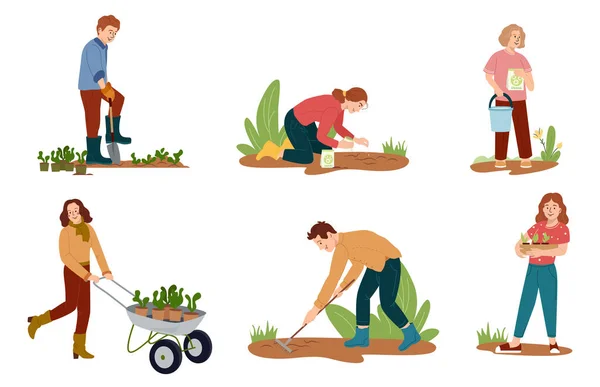 Conjunto Caracteres Planos Vectoriales Hombres Mujeres Niños Realizando Trabajos Jardinería — Archivo Imágenes Vectoriales