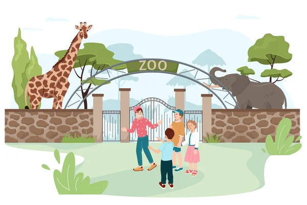 Szczęśliwe Małe Dzieci Chodzą Oglądać Zwierzęta Ogrodzeniem Zoo Bramy Wejściowe — Wektor stockowy